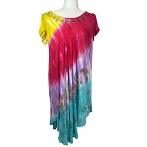 Multicolor Tie Dye Floral Hand Painted Handkerchief Hem Rayon Boho Dress One Sz